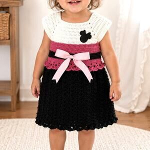 Handmade Crochet Toddler Dress 12-18M Pink Black White Minnie Inspired Bow